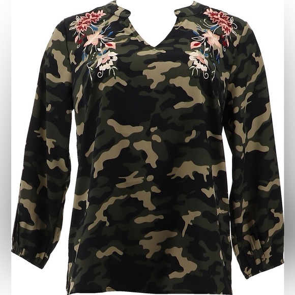 QVC Tops - Colleen Lopez Embroidered Camo Top NEW